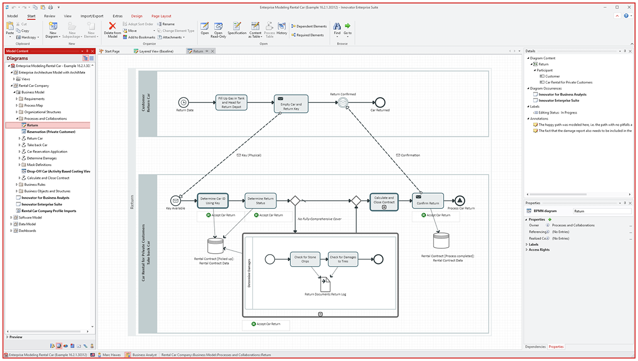 02-BPMN Modellierungsfunktionen – Screenshot der Innovator-Oberfläche mit einem BPMN-Diagramm im zentralen Editor, Ribbon-Menü oben, Modellbaum links und Detail-/Eigenschaftenbereich rechts | Innovator als smarte Alternative zu SAP PowerDesigner