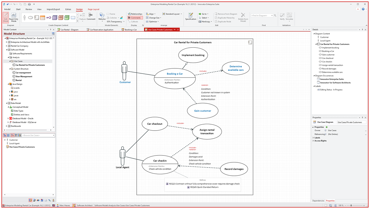07-UML-UCD Use‑case diagram — screenshot of the Innovator interface showing a use‑case diagram for vehicle rental, with actors "Customer" and "Local Agent" and use cases like "Reserve vehicle", "Find available vehicles", "Register customer", "Assign rental", "Check vehicle in/out" and "Record damage"; ribbon menu at the top, model tree on the left and details/properties pane on the right | Innovator as a smart alternative to SAP PowerDesigner