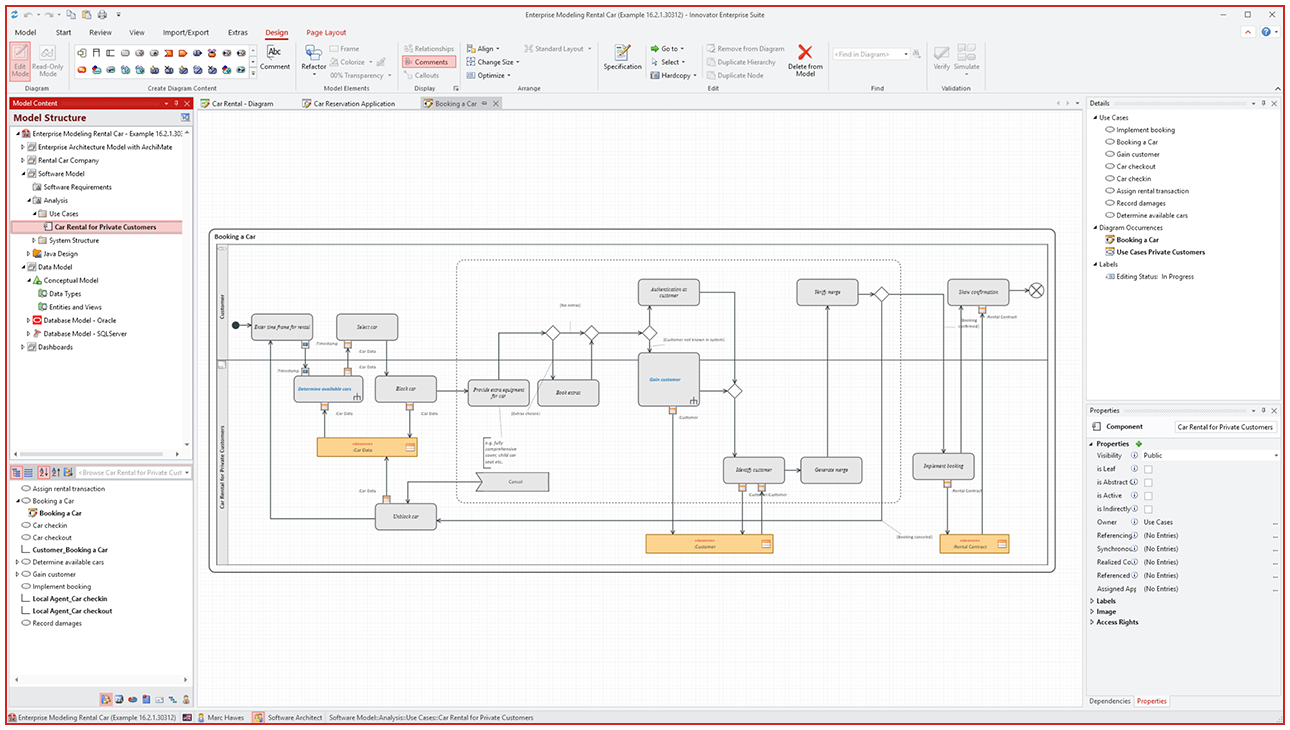 08-UML-Activity BPMN process diagram — screenshot of the Innovator interface showing a detailed swimlane process "Reserve vehicle" (activities, gateways, message flows), ribbon menu at the top, model tree on the left and details/properties pane on the right | Innovator as a smart alternative to SAP PowerDesigner